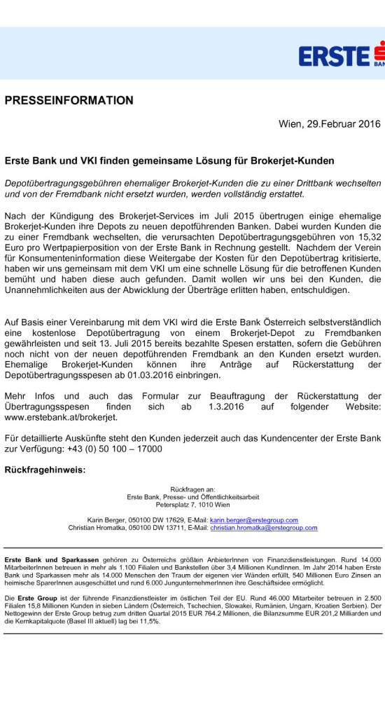 Erste Bank Und Vki Finden Gemeinsame Losung Fur Brokerjet Kunden