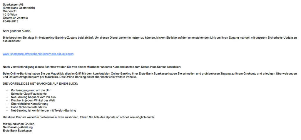 Erste Bank als Spamopfer, besonders gefährliches Exemplar, weil ohne Rechtsschreibfehler (21.09.2013) 