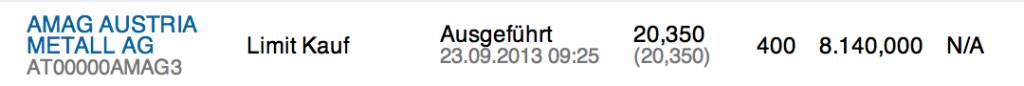 27. Trade für https://www.wikifolio.com/de/DRASTIL1: Wiedereinstieg 400 Amag zu 20,35 - ich bin vor der ATX-Herausnahme bei 21,28 ausgestiegen. Fundamental hat sich ja nichts geändert, © wikifolio WFDRASTIL1 (23.09.2013) 