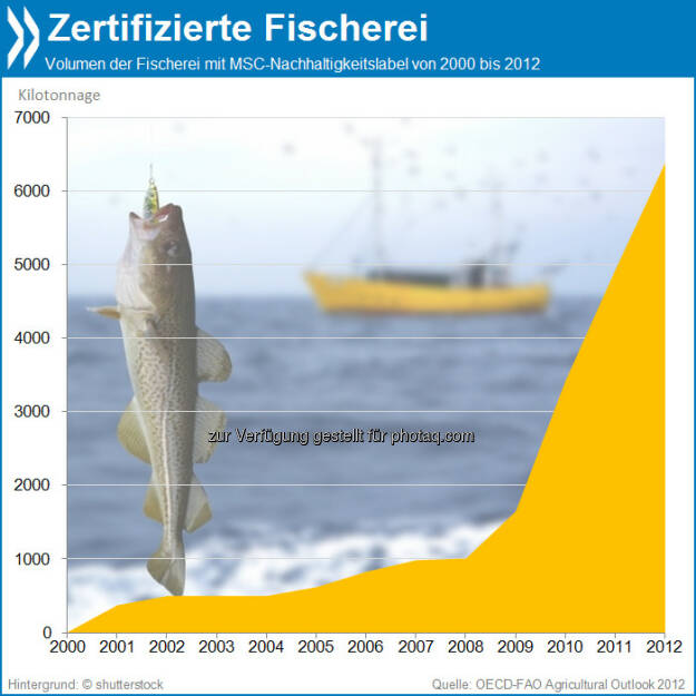 Fisch en Vogue: Seit 2008 steigt die Zahl der Fischprodukte mit Nachhaltigkeitslabel kontinuierlich an. Insgesamt wuchs das nachhaltige Fisch-Volumen zwischen den Jahren 2008 und 2012 von gut 1000 auf über 6000 Kilotonnagen.

Mehr unter http://bit.ly/1ag1U0S (OECD-FAO Agricultural Outlook 2012, S.182), © OECD (04.11.2013) 