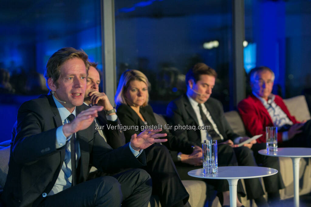 Jan Krainer, SPÖ-Bereichssprecher für Budget und Finanzen, SPÖ, Franz Schellhorn, Leiter des neuen Thinktanks Agenda Austria, Barbara Potisk-Eibensteiner, CFO RHI AG, Rainer Nowak, Chefredakteur „Die Presse“, Stephan Schulmeister, Wifo, © Martina Draper für Immofinanz (26.11.2013) 