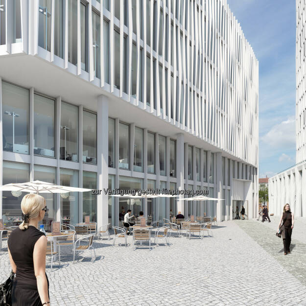 Neues MLP-Beratungszentrum zieht in das von CA Immo geplante Gebäude Monnet 4 - Europacity: Bürogebäude Monnet 4 (Visualisierung). Eingangssituation mit Platz (Bild: CA Immo) (12.12.2013) 