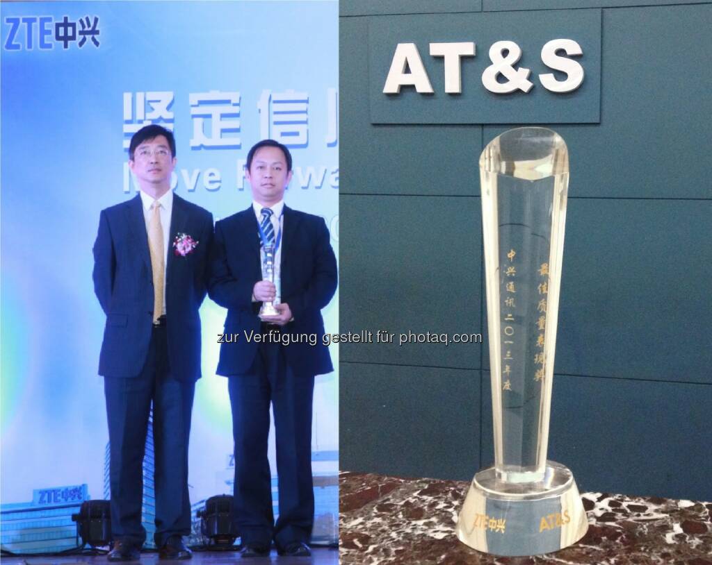 ZTE Best Quality Award 2013 geht an AT&S - ZTE Vice President Cao Lei, AT&S Sales Manager China Alex Zhang
Copyright: AT&S (20.12.2013) 