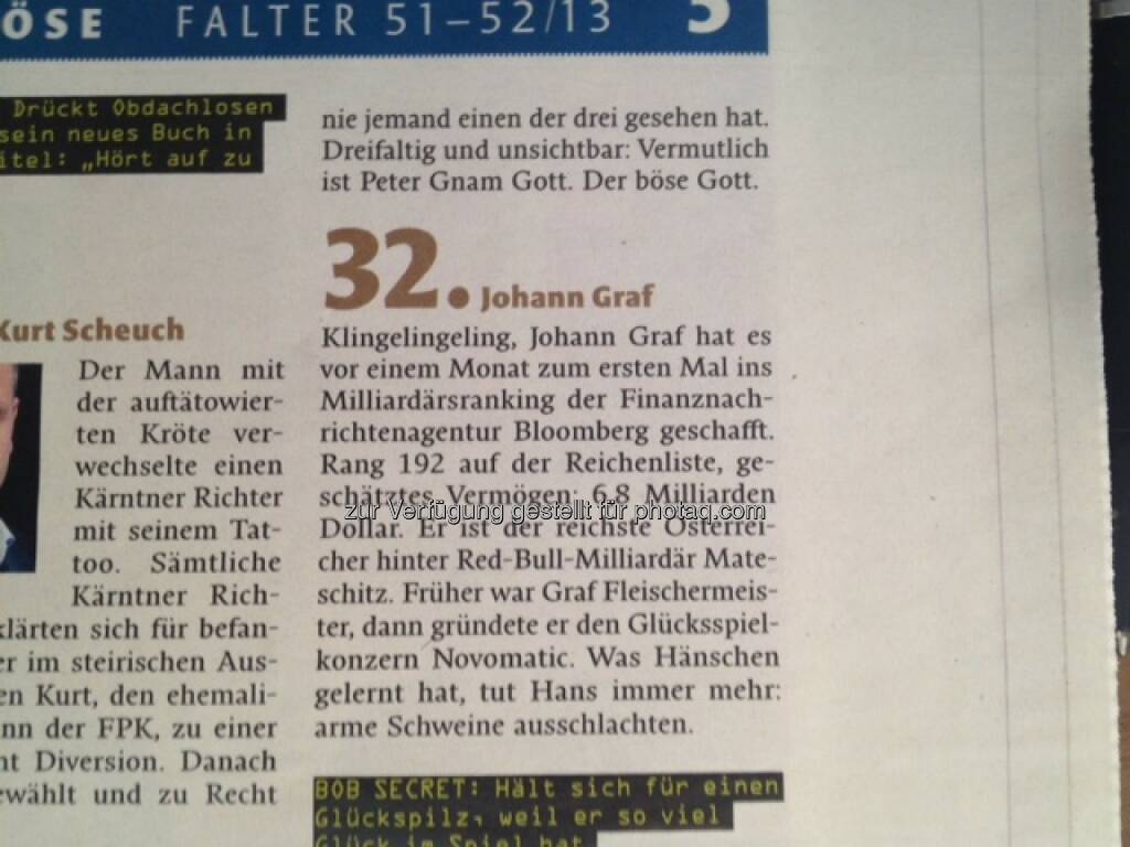 Johann Graf/Novomatic: Für den Falter der böseste Corporate-Bond-Emittent, © Falter 51-52/13 (21.12.2013) 