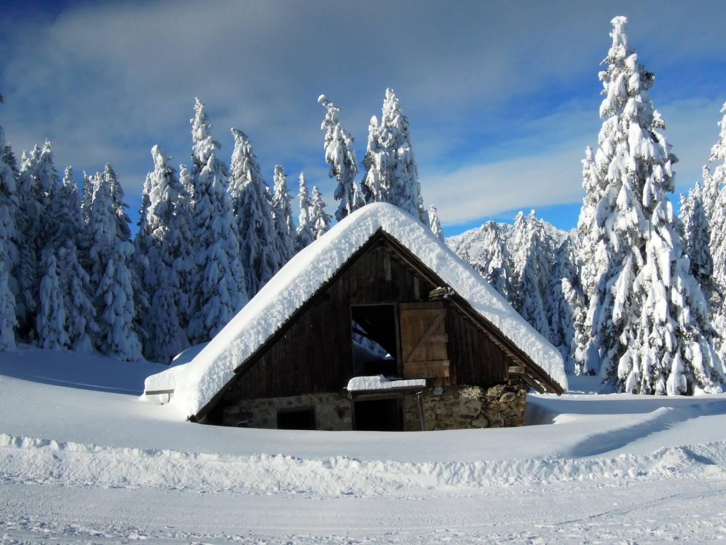 Hütte, Schnee, Bäume, Vigljoch, Südtirol