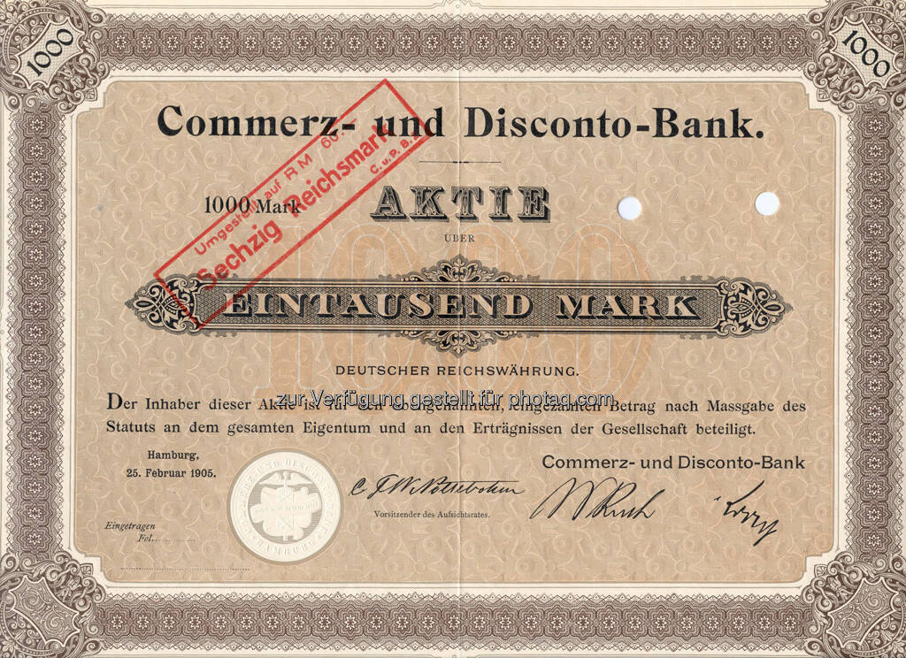 Aktie der Commerz- und Disconto-Bank über 1.000 Mark von 1905, © Commerzbank AG Homepage (Jänner 2014) (17.01.2014) 