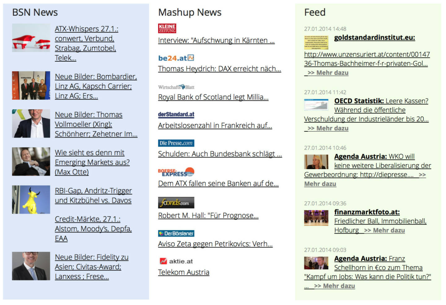 http://www.boerse-social.com am 27.1.2014: Die heutige Zuschaltung betrifft einen ersten grösseren Content-Block aus eigenen News, einem ersten Auszug von http://www.finanzmarktmashup.at bzw. ersten augewählten Facebook-Feeds.
