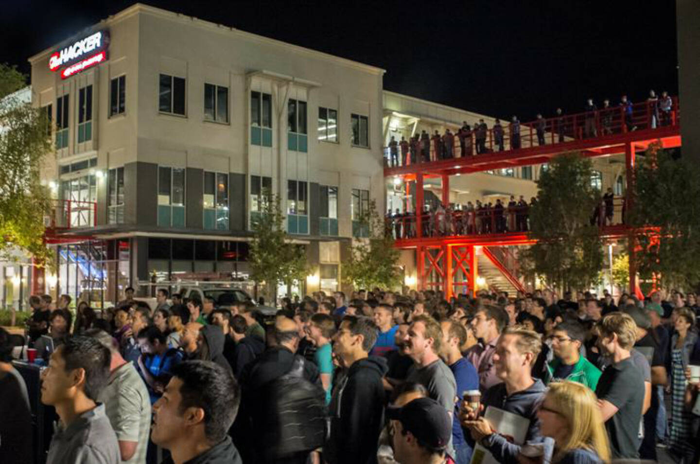Employees gathering in Hacker Square, facebook