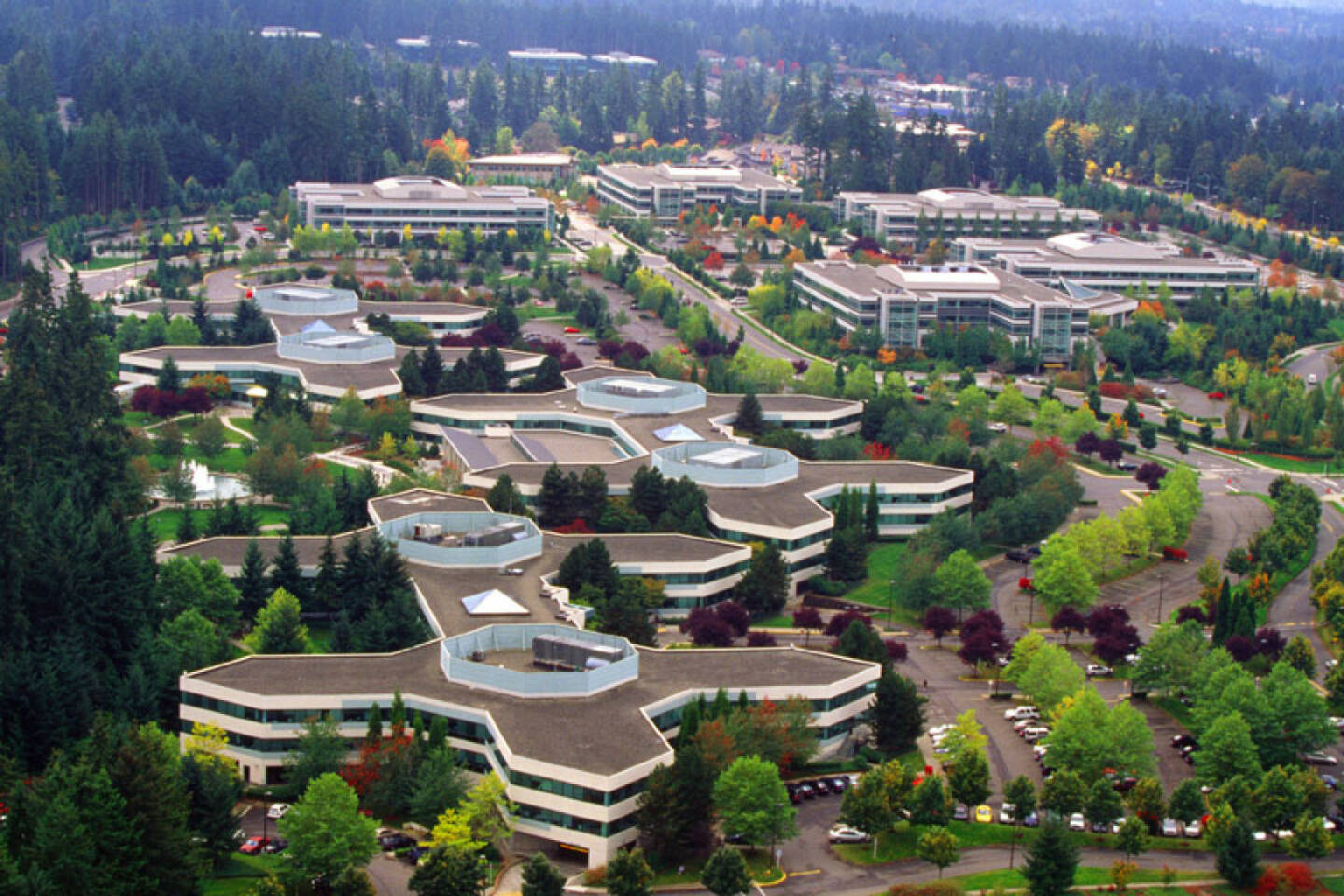 An aerial view of Microsoft Main Campus, Redmond, Washington
