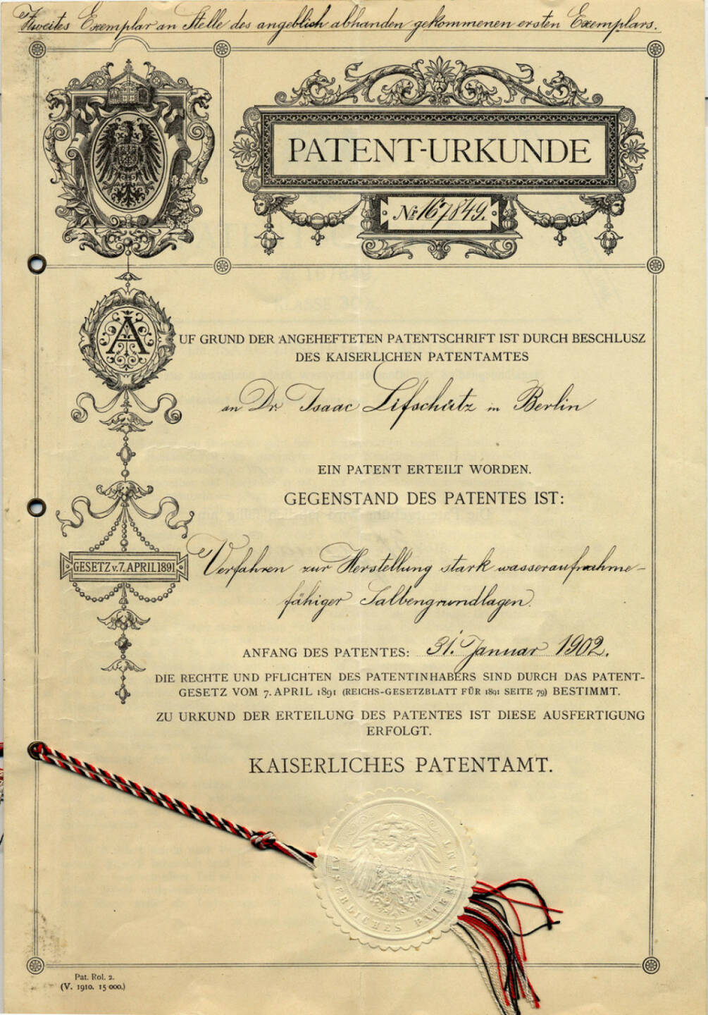 Patent Urkunde, Eucerin