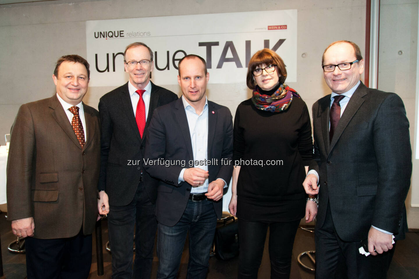 Josef Kalina (GF Unique Relations), Eugen Freund (Spitzenkandidat SPÖ), Matthias Strolz (Vorsitzender Neos), Margaretha Kopeinig (Kurier EU- Expertin), Gerald Groﬂ (Moderation): unique.TALK- Österreichs Rolle in der EU und der Welt. Josef Kalina und seine Agentur Unique Relations luden gestern Abend erneut zu einer Talkrunde im WEIN & CO auf der Mariahilfer Straße. (C) Unique Public Relations GmbH/APA-Fotoservice/Rastegar