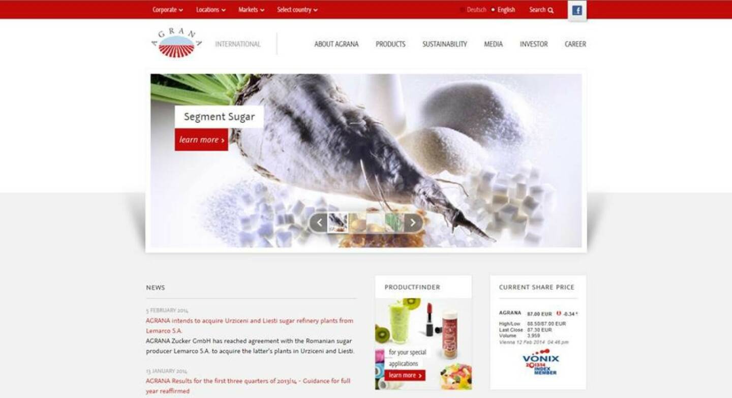 Seit 12. Februar erscheint die Corporate Agrana-Website im neuen Design: http://www.agrana.com 