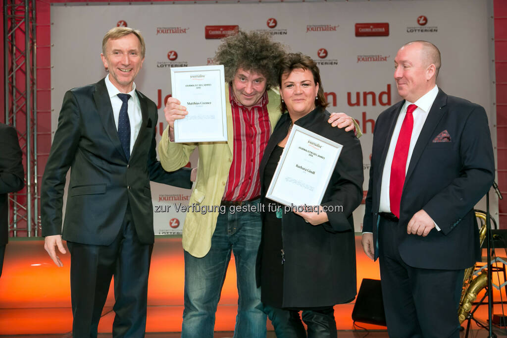 Johann Oberauer (Verleger und Herausgeber), Matthias Cremer (Standard), Barbara Gindl (APA), Georg Taitl (“Der Österreichische Journalist”), © Der österreichische Journalist/APA-Fotoservice/Schedl (13.02.2014) 