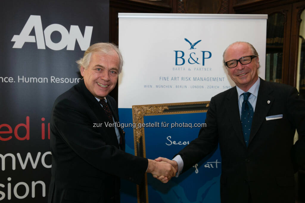 Alfred Schönburg, CEO Aon Austria und Nikolaus S. Barta, Gründer und Geschäftsführer von Barta & Partner: Zusammenschluss von Aon und Barta & Partner: Der weltweit größte Versicherungsmakler und der international erfolgreiche heimische Spezialist für Kunstversicherungen fusionieren., © Aussendung (18.02.2014) 