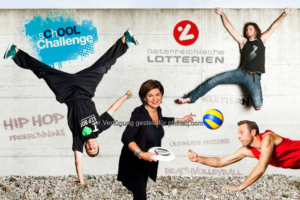 Österreichische Lotterien Vorstandsdirektorin Bettina Glatz Kremsner mit den School Challenge Experten Markus Eggensperger (Hip Hop), Harald Blamauer (Klettern), Robert Nowotny (Beachvolleyball):  Mit der School Challenge bringen die Sportunion und die Österreichischen Lotterien coole Trendsporten in den Bewegungs- und Sportunterricht von über 8.000 Schülerinnen und Schülern., © Aussendung (24.02.2014) 