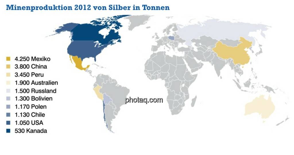 Minenproduktion 2012 von Silber in Tonnen, © philoro für ein Fachheft (26.02.2014) 