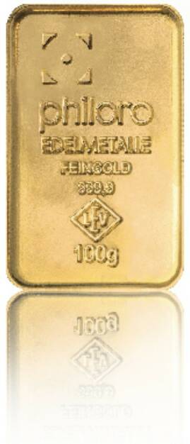 Goldbarren Hersteller: philoro Edelmetalle Herkunftsland: Deutschland Feingewicht: 100g Feinheit: 999,9 Zertifikat: mit Sicherheitslabel, © philoro für ein Fachheft (26.02.2014) 