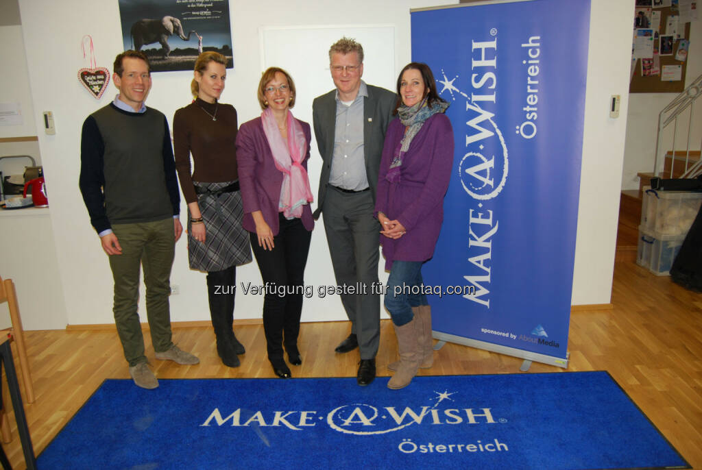 Die Make-A-Wish Foundation Österreich setzt ab sofort in den Bereichen Strategie und Positionierung sowie Social Media auf die Wiener PR-Agentur Aigner PR: Eugen Schmidt, Vorstand Make-A-Wish, Heidi Schuller-Hrusa, GF Aigner PR, Doris Regele, Präs. Make-A-Wish, Peter Aigner, Inh. Aigner PR, Nina Jahn, Vorstand Make-A-Wish (v.l.) (03.03.2014) 