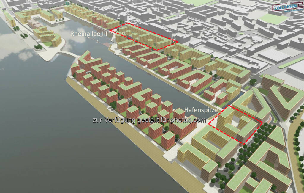 CA Immo kauft zwei Baufelder im Zollhafen Mainz: Hier eine abstrakte Baumassenvisualisierung mit Lage der Baufelder Hafenspitze und Rheinallee III (Quelle: Zollhafen Mainz) (12.03.2014) 