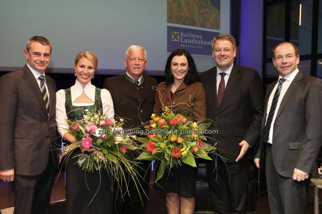 Heinrich Schaller (RLB OÖ), Moderatorin Monika Mitter, Jakob Auer, Elisabeth Köstinger, Andrä Rupprechter, Max Hiegelsberger (Agrarlandesrat) (Bild: RLB OÖ / Strobl) (14.03.2014) 