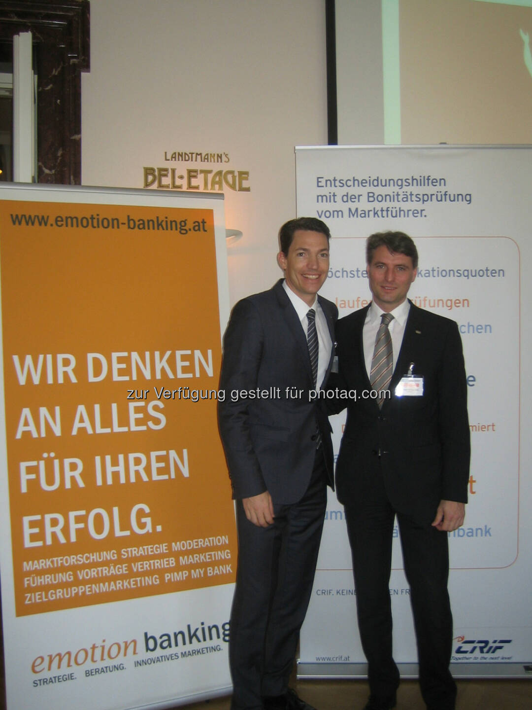 Christian Rauscher, emotion banking; Jürgen Krenn, Crif: Gestern lud die Wirtschaftsauskunftei Crif gemeinsam mit emotion banking, einem Banken-Beratungsunternehmen spezialisiert auf Managementthemen, zu einem Executive Business Breakfast, um Risiko- und Bonitätsentwicklungen im Kommerzgeschäft zu diskutieren. 

