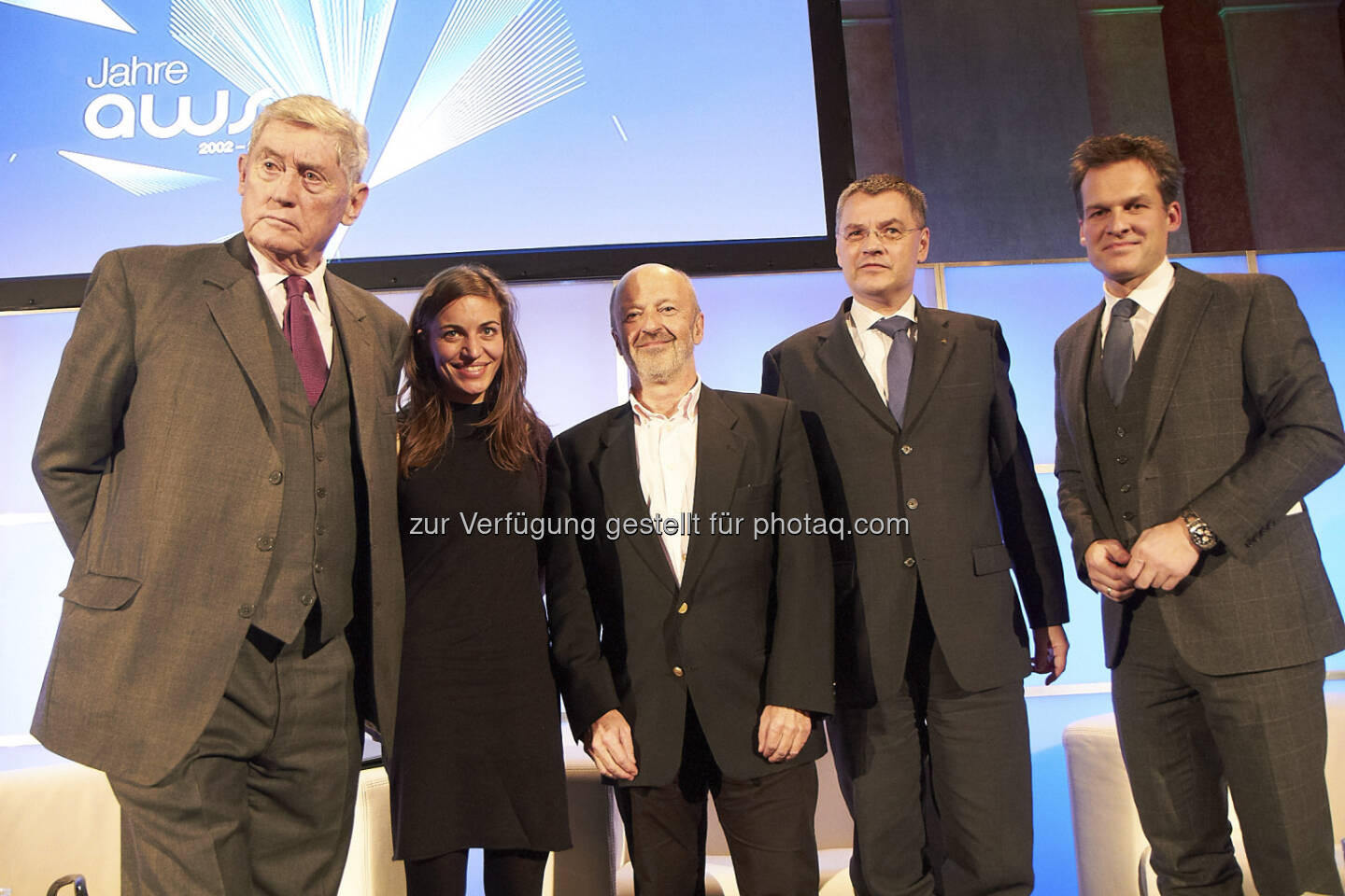 10 Jahre aws - Podiumsdiskussion: v.l.n.r.: Hannes Androsch (Rat für Forschung und Technologieentwicklung), Valentine Troi (Geschäftsführerin superTEX), Johann Hansmann (Business Angel des Jahres 2011), Thomas Uher (Sprecher des Vorstandes Erste Bank und Aufsichtsratsvorsitzender der aws)