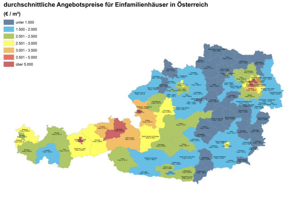 Durchschnittliche Angebotspreise für Einfamilienhäuser in Österreich, Quelle: ImmobilienScout24 und Immobilienring IR (07.04.2014) 