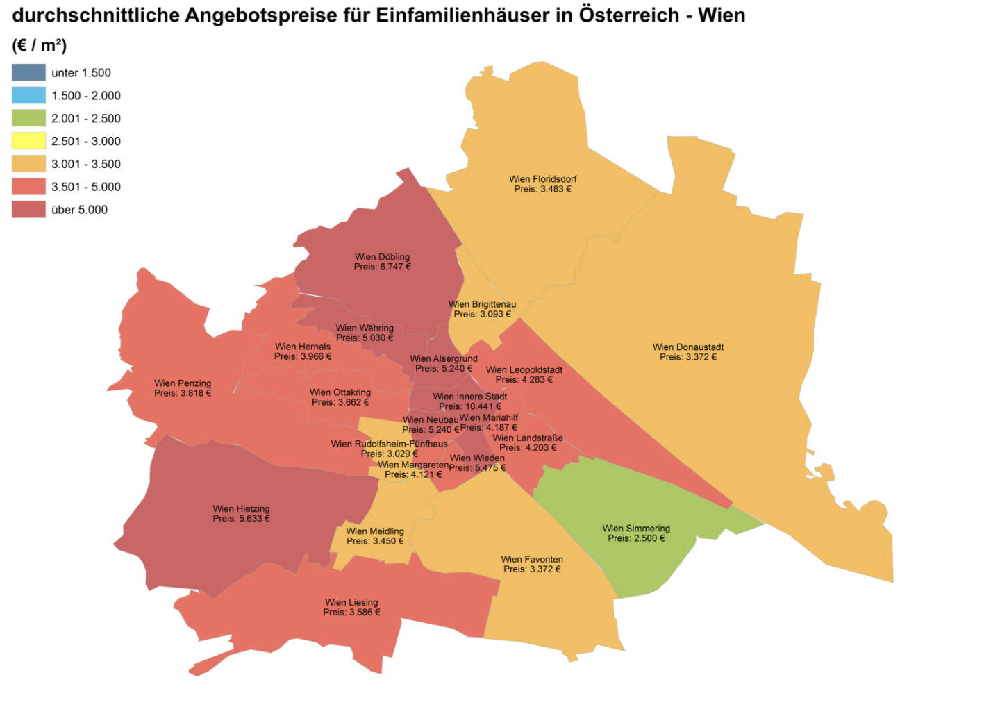 Durchschnittliche Angebotspreise für Einfamilienhäuser in Österreich - Wien (Euro/m2), Quelle: ImmobilienScout24 und Immobilienring IR