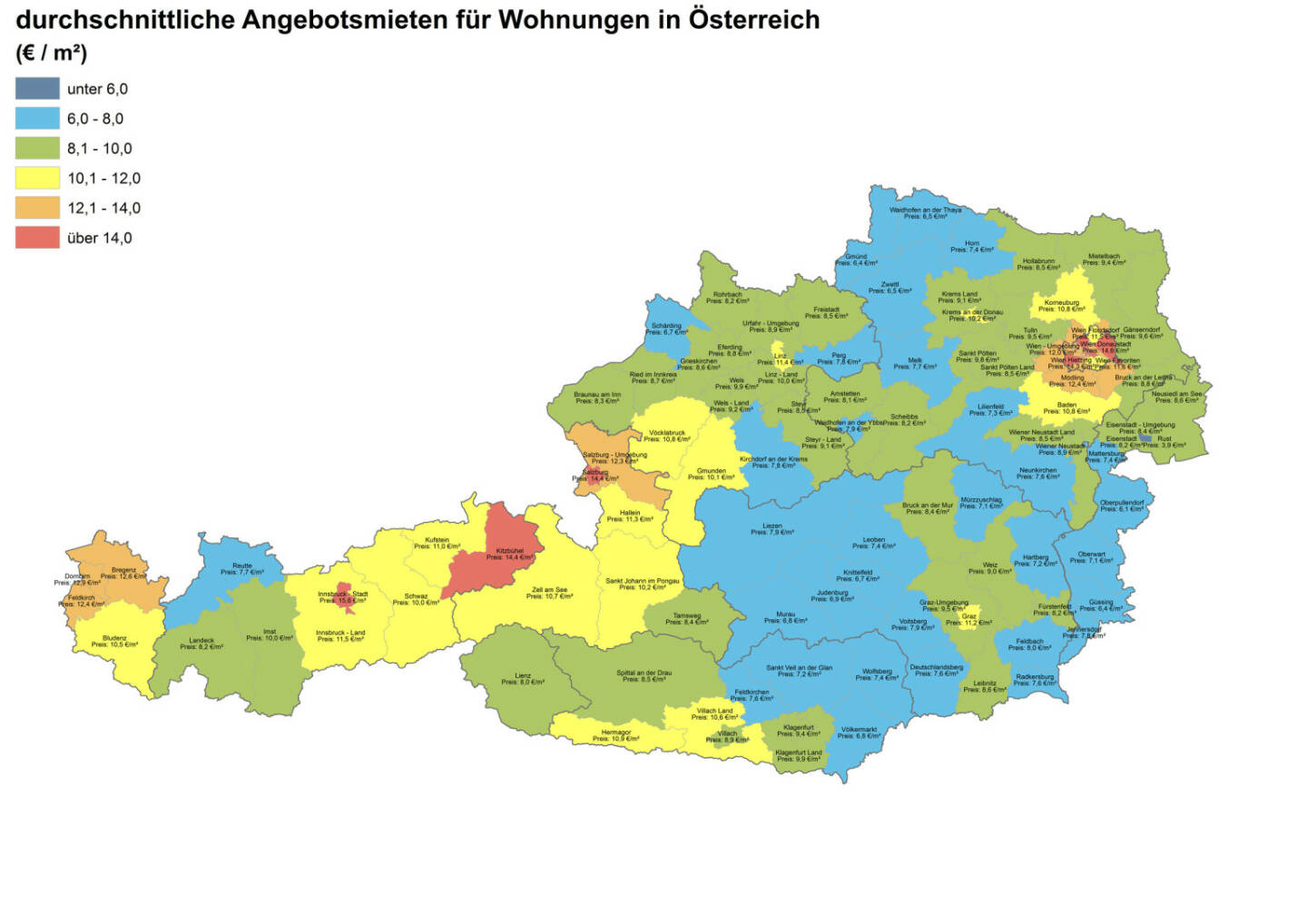 Durchschnittliche Angebotsmieten für Wohnungen in Österreich, Quelle: ImmobilienScout24 und Immobilienring IR