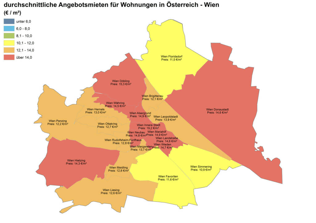 Durchschnittliche Angebotsmieten für Wohnungen in Österreich - Wien, Quelle: ImmobilienScout24 und Immobilienring IR (07.04.2014) 