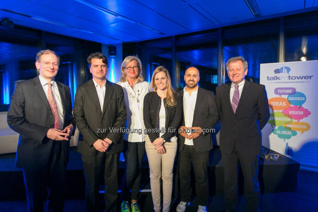 Clemens Hellsberg, Vorstand Wiener Philharmoniker, Christian Ultsch, Leiter Außenpolitik „Die Presse“, Ursula Plassnik (Botschafterin in Paris), Meret Baumann, Korrespondentin der Neue Zürcher Zeitung in Wien, Ali Mahlodji (CEO Whatchado), Eduard Zehetner (CEO Immofinanz), © Martina Draper für Immofinanz (09.04.2014) 