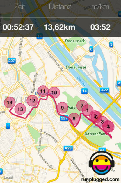 Die Beta-Version der Runplugged-App war mitsamt Handy im Spibelt-verpackt. 30 Sekunden langsamer passt wegen entpacking. Nicht gepasst hat, dass aus den 11,295 km gleich 13,620 km wurden. Schnitt daher bei zu schnellen 3:52 (13.04.2014) 