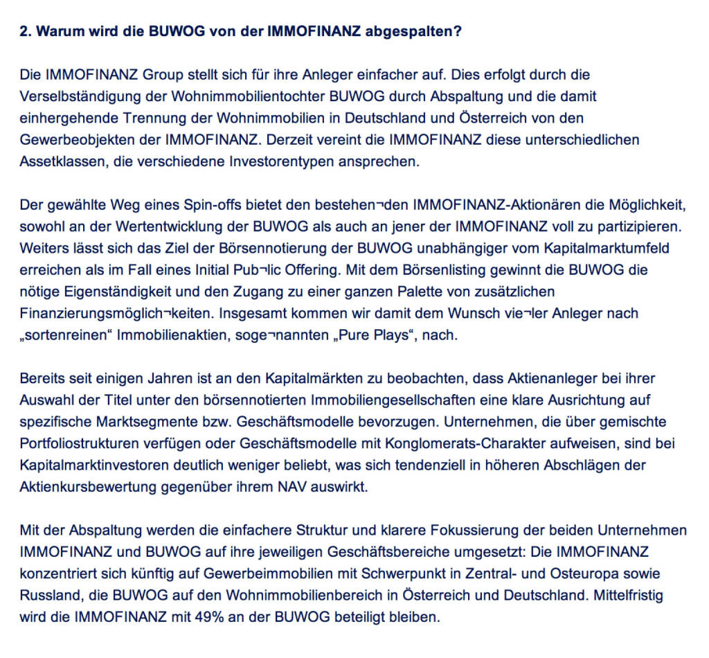 Frage an Immofinanz/Buwog: Warum wird die Buwog von der Immofinanz abgespalten? (18.04.2014) 