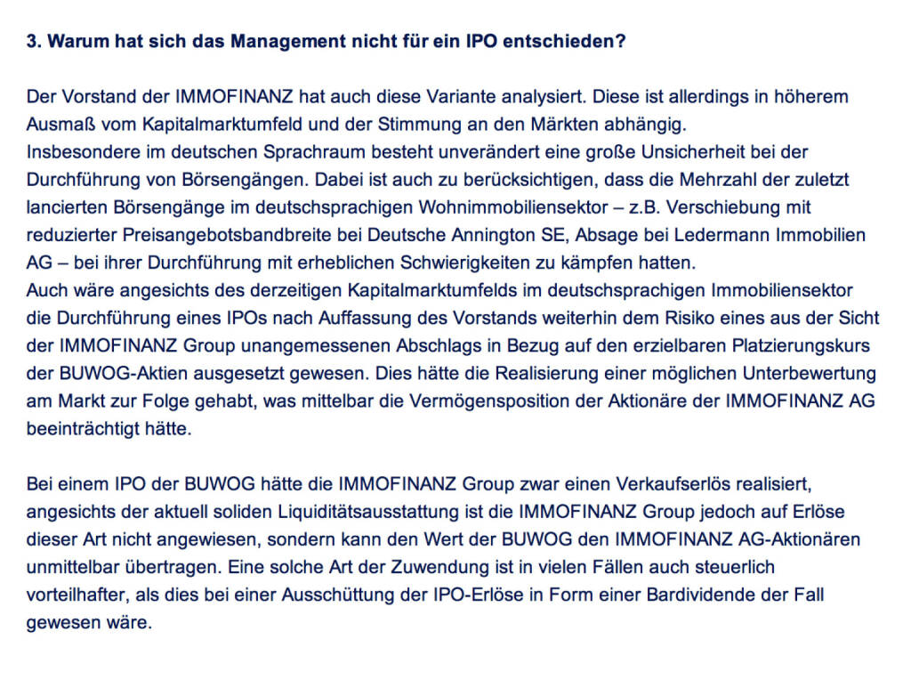 Frage an Immofinanz/Buwog: Warum hat sich das Management nicht für ein IPO entschieden? (18.04.2014) 