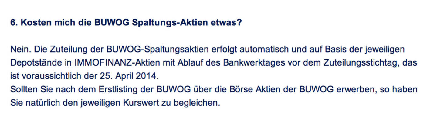 Frage an Immofinanz/Buwog: Kosten mich die Buwog Spaltungs-Aktien etwas? 