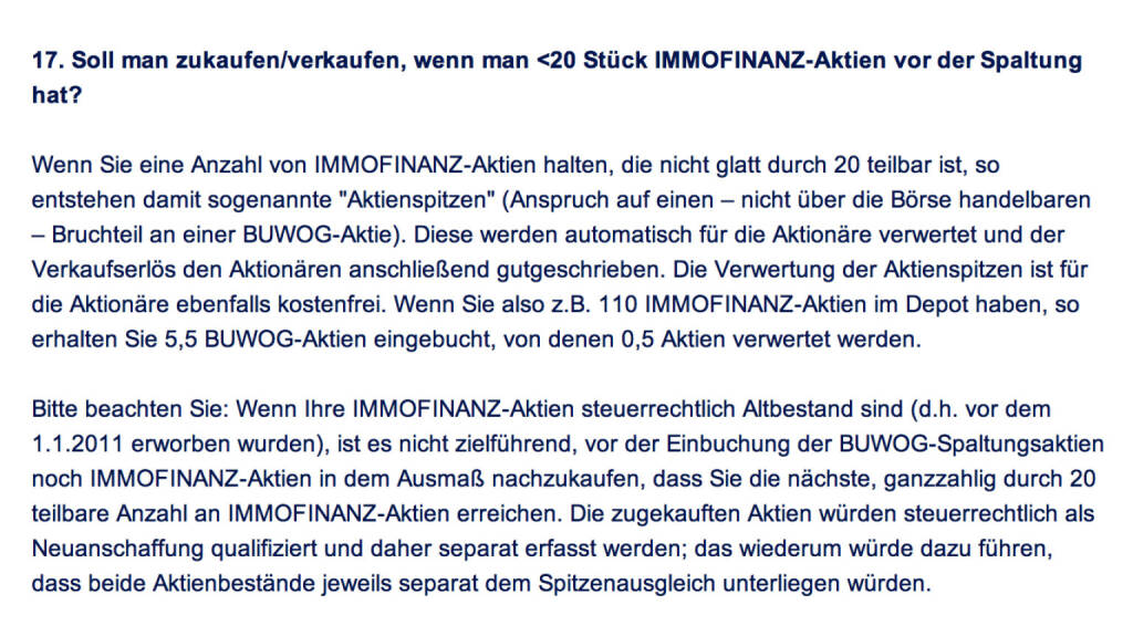 Frage an Immofinanz/Buwog: Soll man zukaufen/verkaufen, wenn man <20 Stück Immofinanz-Aktien vor der Spaltung hat? (18.04.2014) 