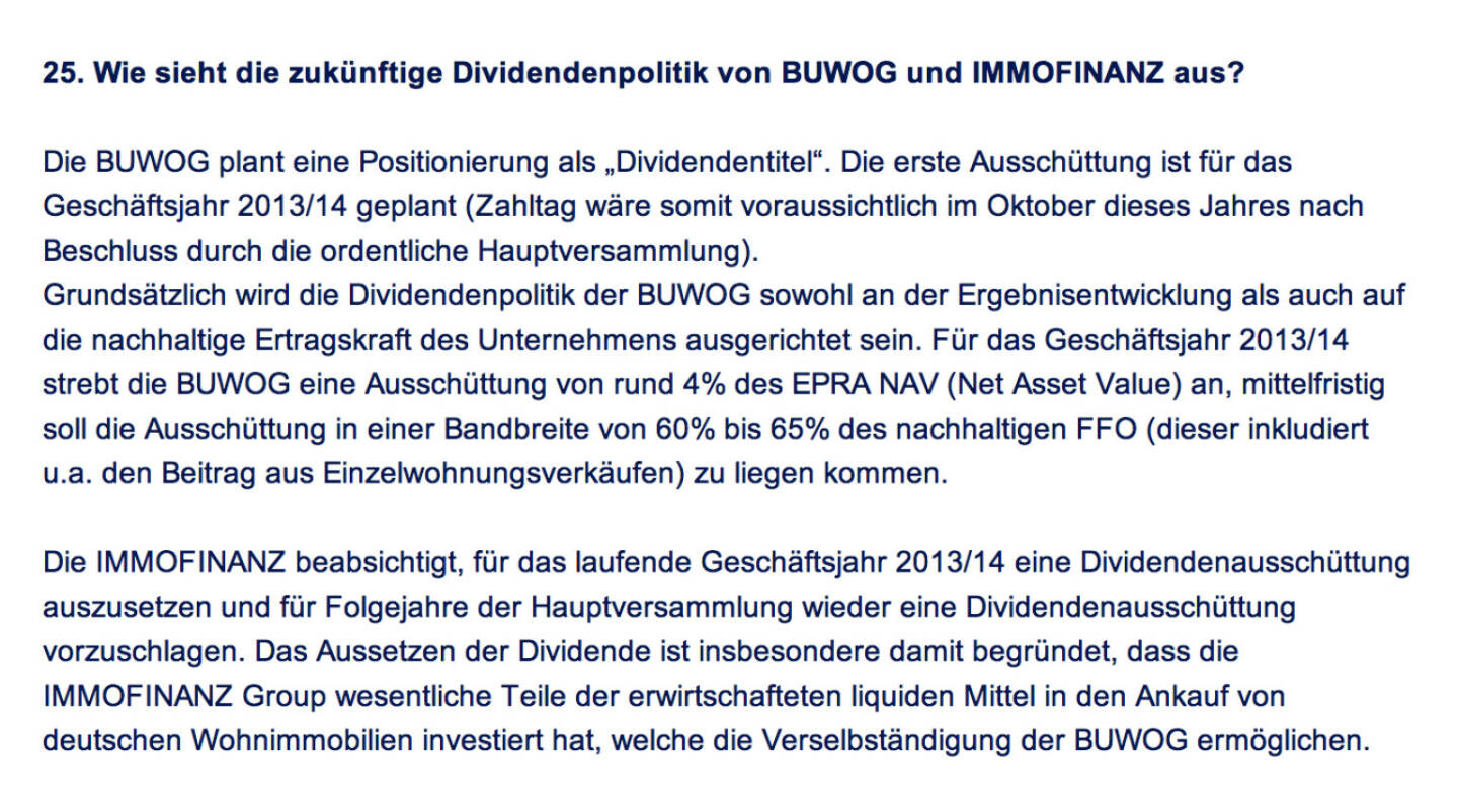 Frage an Immofinanz/Buwog: Wie sieht die zukünftige Dividendenpolitik von Buwog und Immofinanz aus?