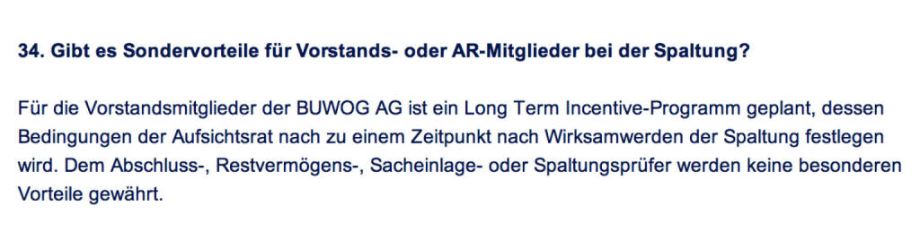 Frage an Immofinanz/Buwog: Gibt es Sondervorteile für Vorstands- oder AR-Mitglieder bei der Spaltung? (18.04.2014) 