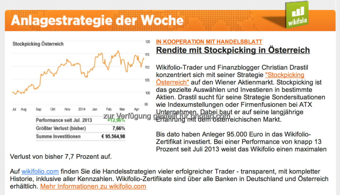 Das wikifolio von finanzmarktfoto.at-Herausgeber Christian Drastil wurde im Handelsblatt als Anlagestrategie der Woche präsentiert http://www.wikifolio.com/de/DRASTIL1-Stockpicking-sterreich
