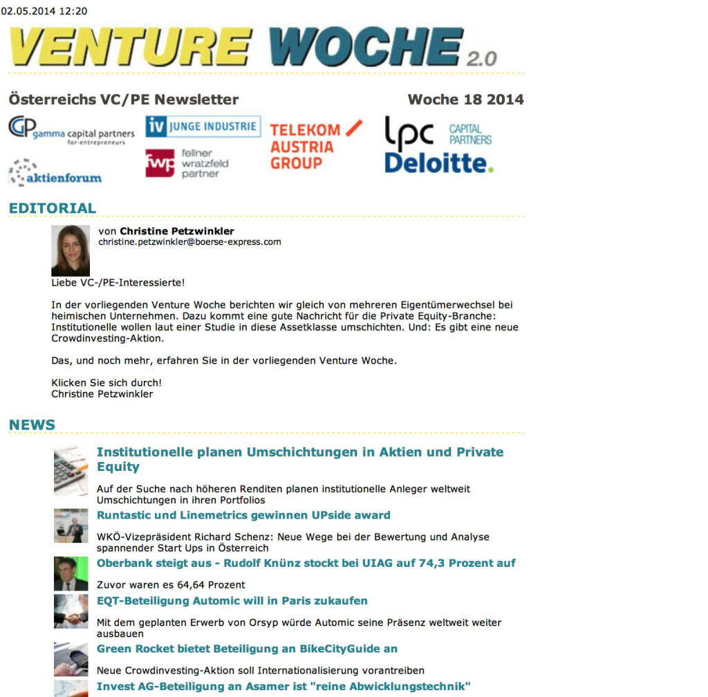 Venture Woche zum UPside award http://www.boerse-express.com/cat/calendar/newsletter_show/35412 (06.05.2014) 