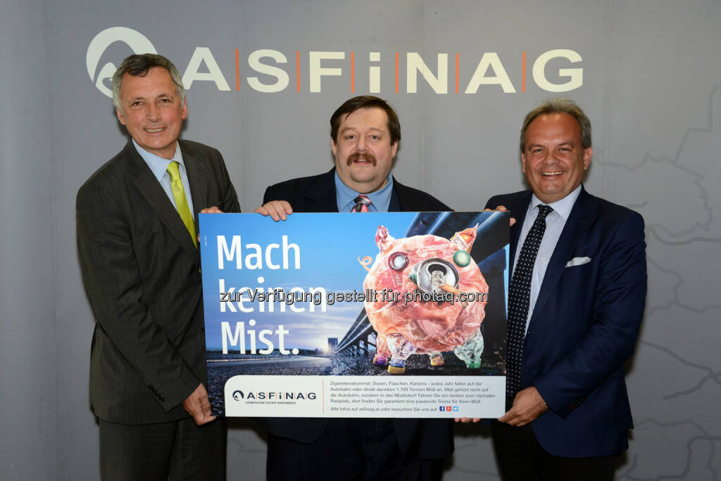 neue Kampagne: Physiker Werner Gruber mit den beiden Asfinag-Geschäftsführern Klaus Fink und Josef Fiala: 1700 Tonnen Müll werden jährlich auf der Autobahn entsorgt.  (06.05.2014) 