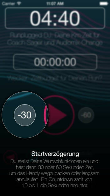 (APP) Runplugged Startverzögerung: Du stellst Deine Wunschfunktionen ein und hast dann 30 oder 60 Sekunden Zeit, um das Handy wegzupacken oder langsam anzulaufen. Ein Countdown zählt von 10 bis 1 die Sekunden herunter - Appdownload unter http://bit.ly/1lbuMA9 (10.05.2014) 