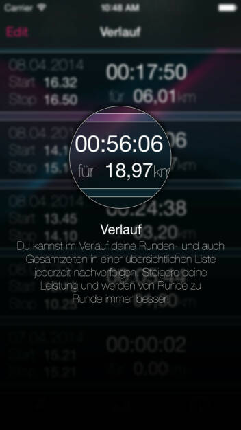 (APP) Runplugged-Verlauf: Nach Beendigung einer Lauf- und oder Hörsession kannst Du im Verlauf nachsehen, wie schnell Du gelaufen bist und das Protokoll der gehörten Audio-Dateien checken. Zugeordnet auf den einzelnen Kilometer. Die Map des Laufes kannst Du abspeichern, über Facebook oder Twitter teilen bzw. mailen. Die Audiofiles kannst Du zudem nachhören, zB wenn Du bei einem anstrengenden Kilometer etwas abgelenkt warst - Appdownload unter http://bit.ly/1lbuMA9 (10.05.2014) 