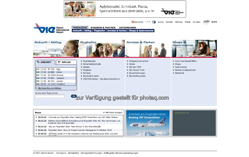 Flughafen Wien Homepage http://www.viennaairport.com (23.12.2012) 