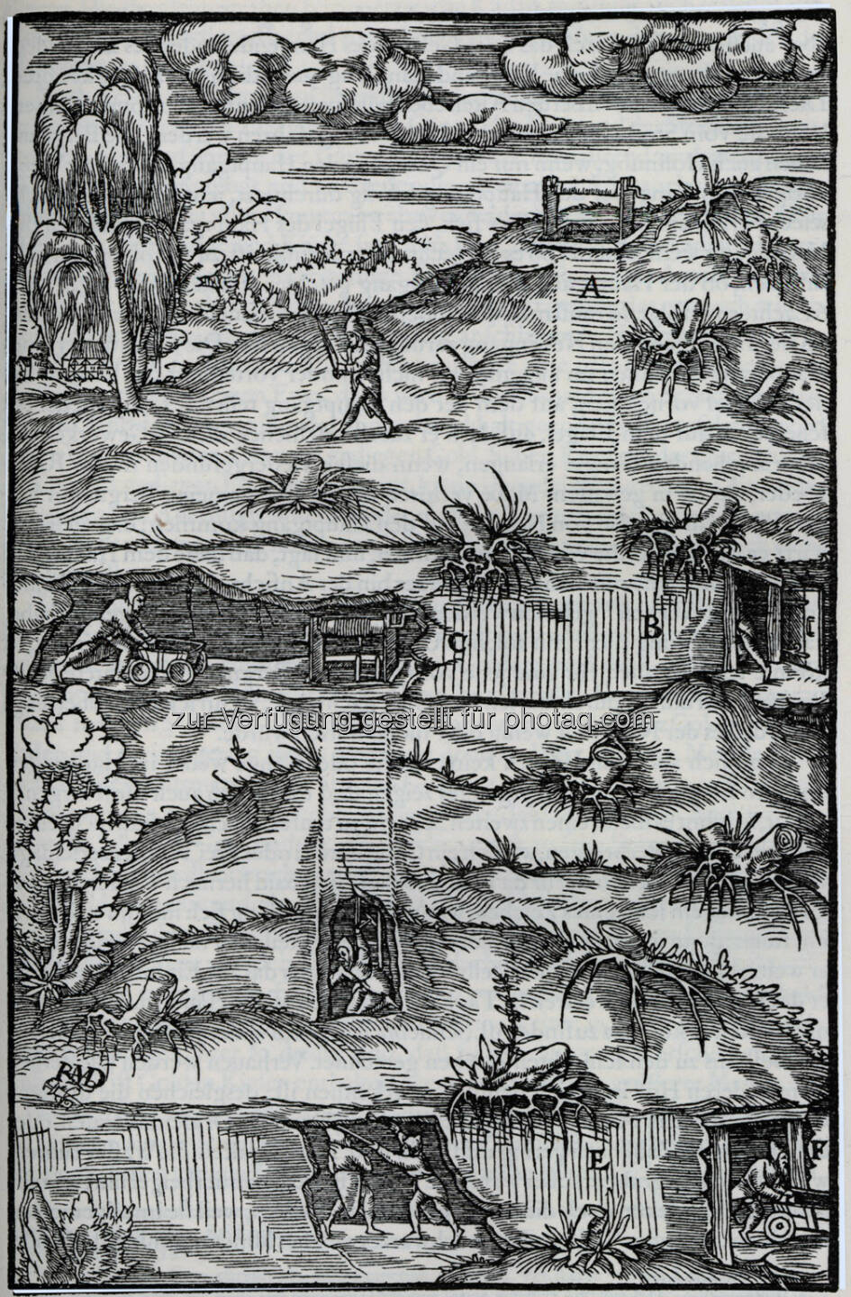 Bergwerksansicht, Holzstich aus Georgius Agricola, De re metallica. Privatbesitz. 