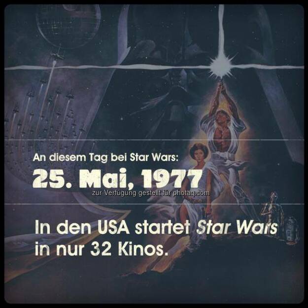 Am 25. Mai 1977, heute vor 37 Jahren, ist Star Wars in den USA gestartet. In nicht mal drei Dutzend Kinos. Wahnsinn! #AnDiesemTagbeiStarWars (gesehen bei www.twitter.com/StarWarsDE)  Source: http://facebook.com/DeinSkyFilm (25.05.2014) 