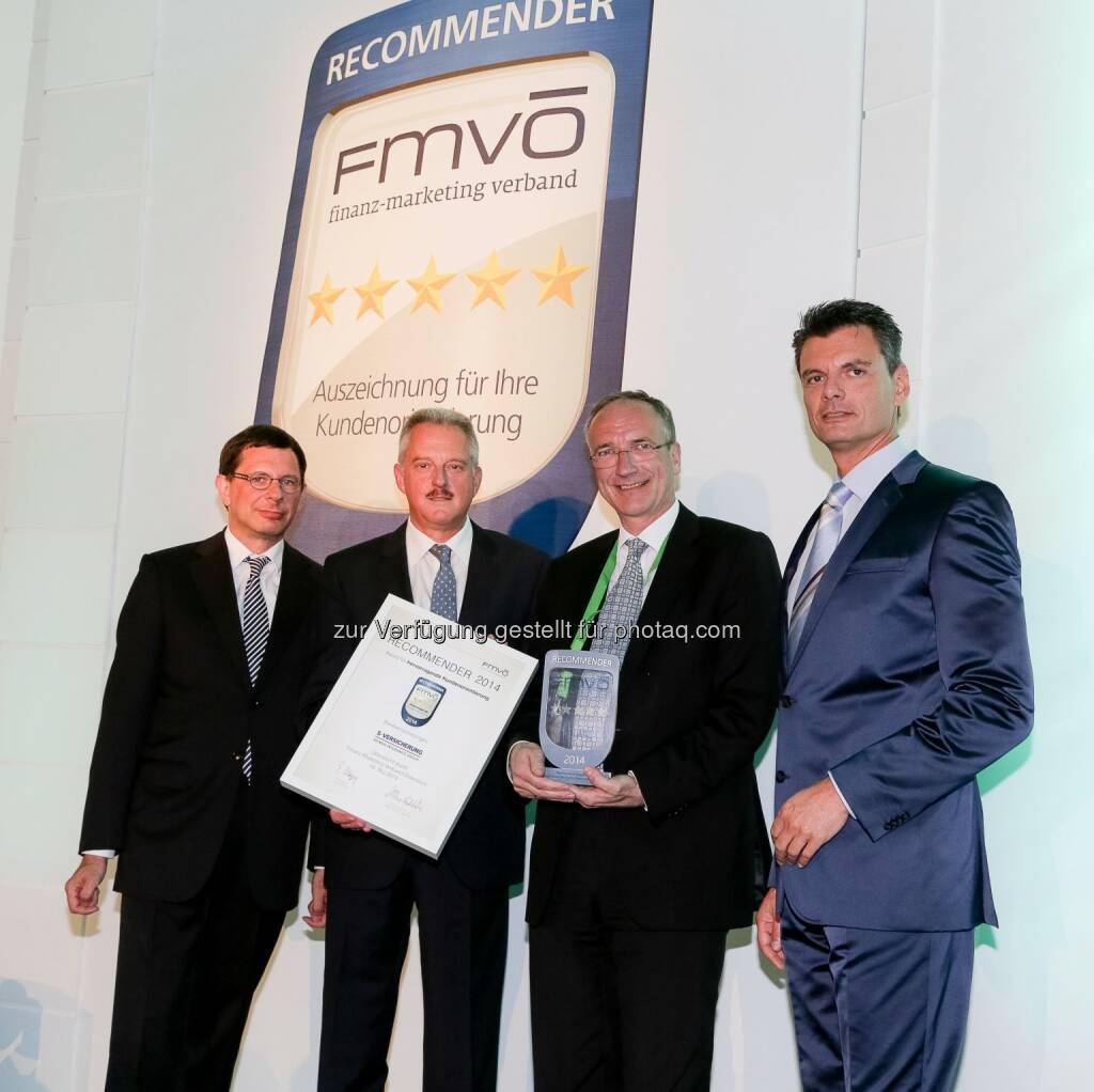 Martin Nußpickel, Vorstand Subito; Erich Mayer, Präsident FMVÖ; Manfred Rapf, Vorstandsdirektor Sparkassen Versicherung AG Vienna Insurance Group; Werner Schediwy, Vizepräsident FMVÖ - der Sparkassen Versicherung AG Vienna Insurance Group wurde am 26.5.2014, nach 2010 und 2012, erneut der „Recommender Award“ für hervorragende Kundenorientierung in der Kategorie „Bankversicherungen“ verliehen (Bild: Sparkassen Versicherung AG Vienna Insurance Group)
, © Aussendung (27.05.2014) 