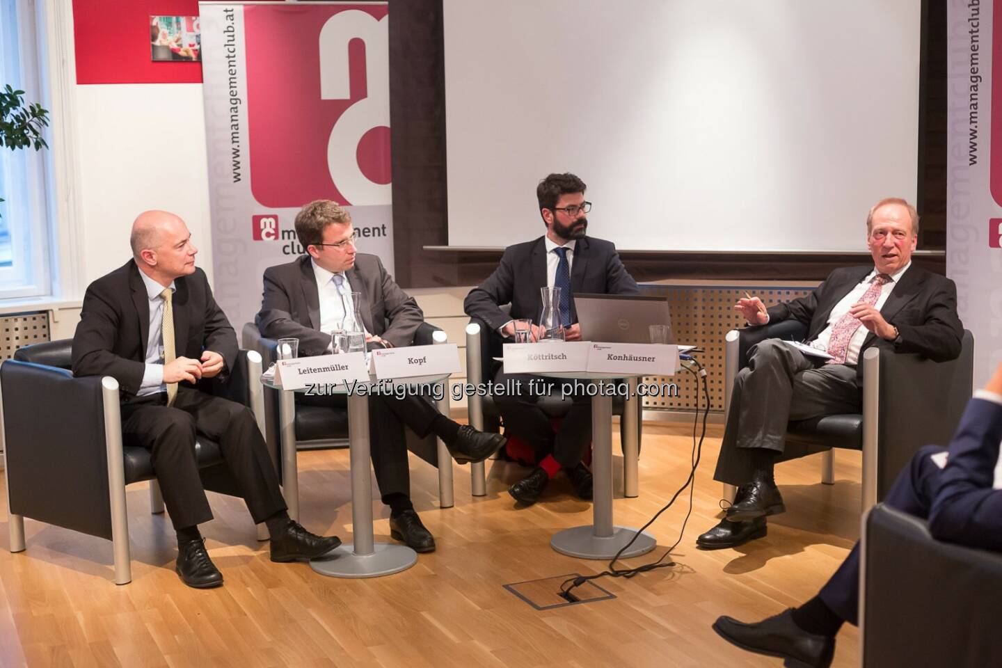 management club: mc-quergeredet: Harald Leitenmüller (Chief Techonology Officer, Microsoft Österreich), Johannes Kopf, (Mitglied des Vorstands, Arbeitsmarktservice), Michael Köttrisch (Leitung Karriere, Die Presse), Herbert J. Konhäusner (Managing Partner, emenda Consulting Partners/von Rundstedt)