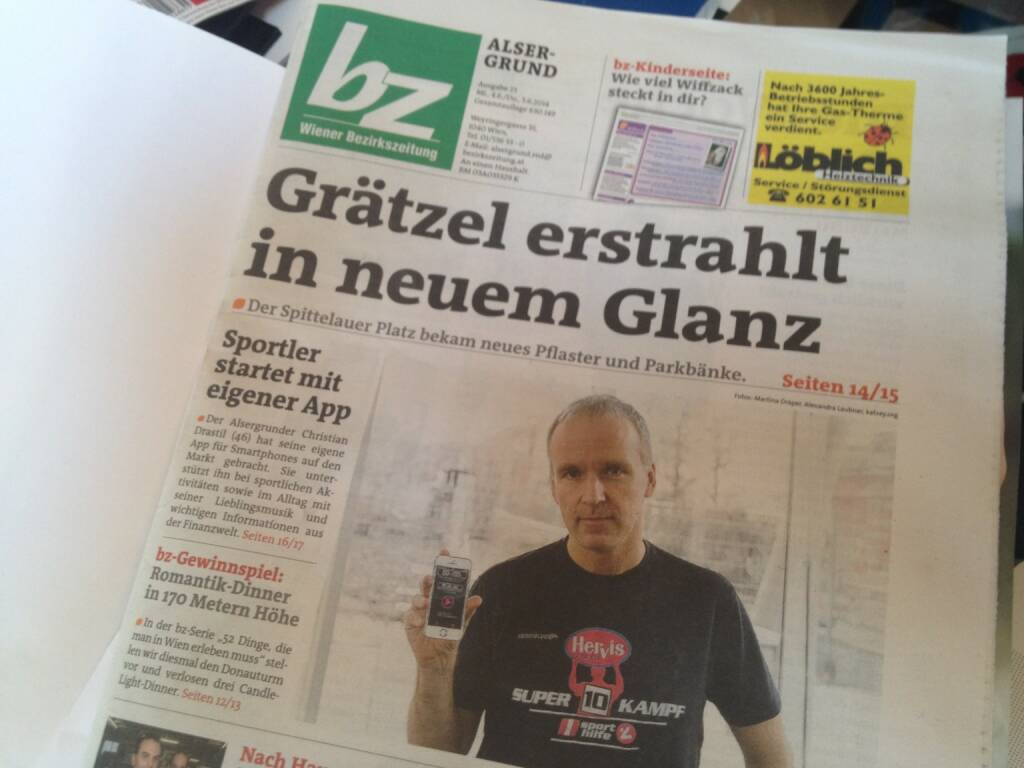 Runplugged am Cover der Bezirkszeitung Alsergrund, Ausgabe 23/2014 , siehe http://www.meinbezirk.at/wien-09-alsergrund/chronik/neue-app-aus-dem-alsergrund-d970275.html (04.06.2014) 