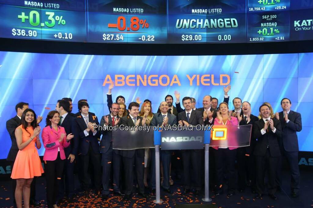 Abengoa Yield (Nasdaq:ABY), a dividend growth-oriented company formed to serve as the primary vehicle through which Abengoa will own, manage and acquire renewable energy, conventional power and electric transmission lines and other contracted revenue-generating assets, visited the Nasdaq MarketSite in Times Square in celebration of its initial public offering (IPO) which occurred on The NASDAQ Stock Market today, June 13.  Source: http://facebook.com/NASDAQ (14.06.2014) 